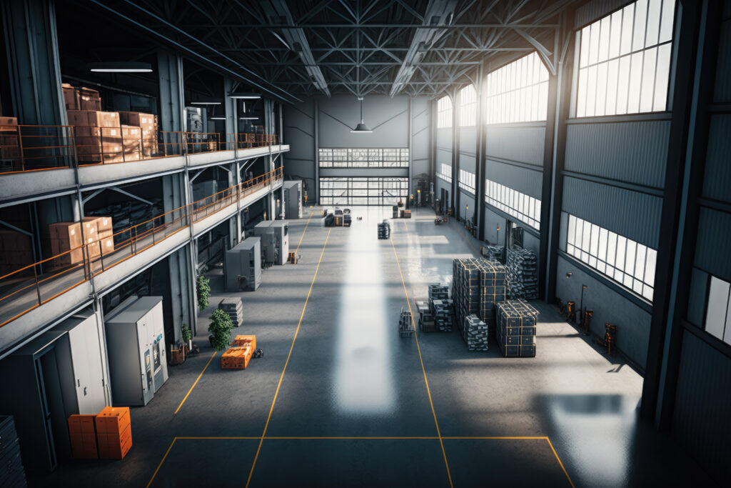 Interior of a large logistics warehouse. Ai generative